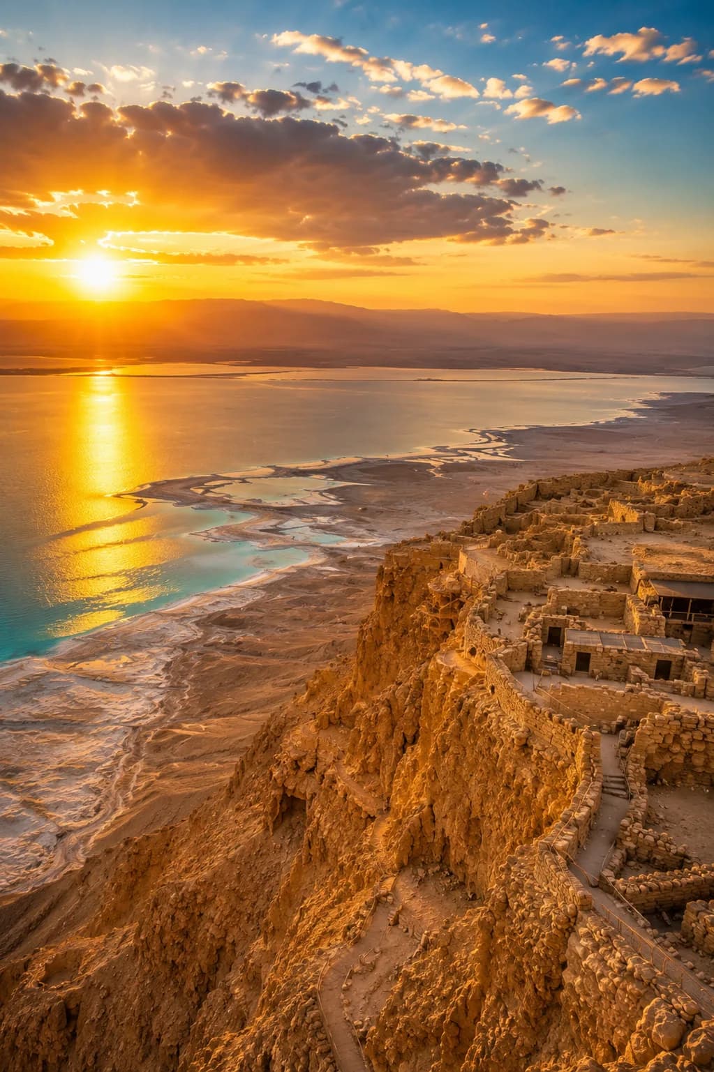 Sunrise over the ruins of Masada and the Dead Sea