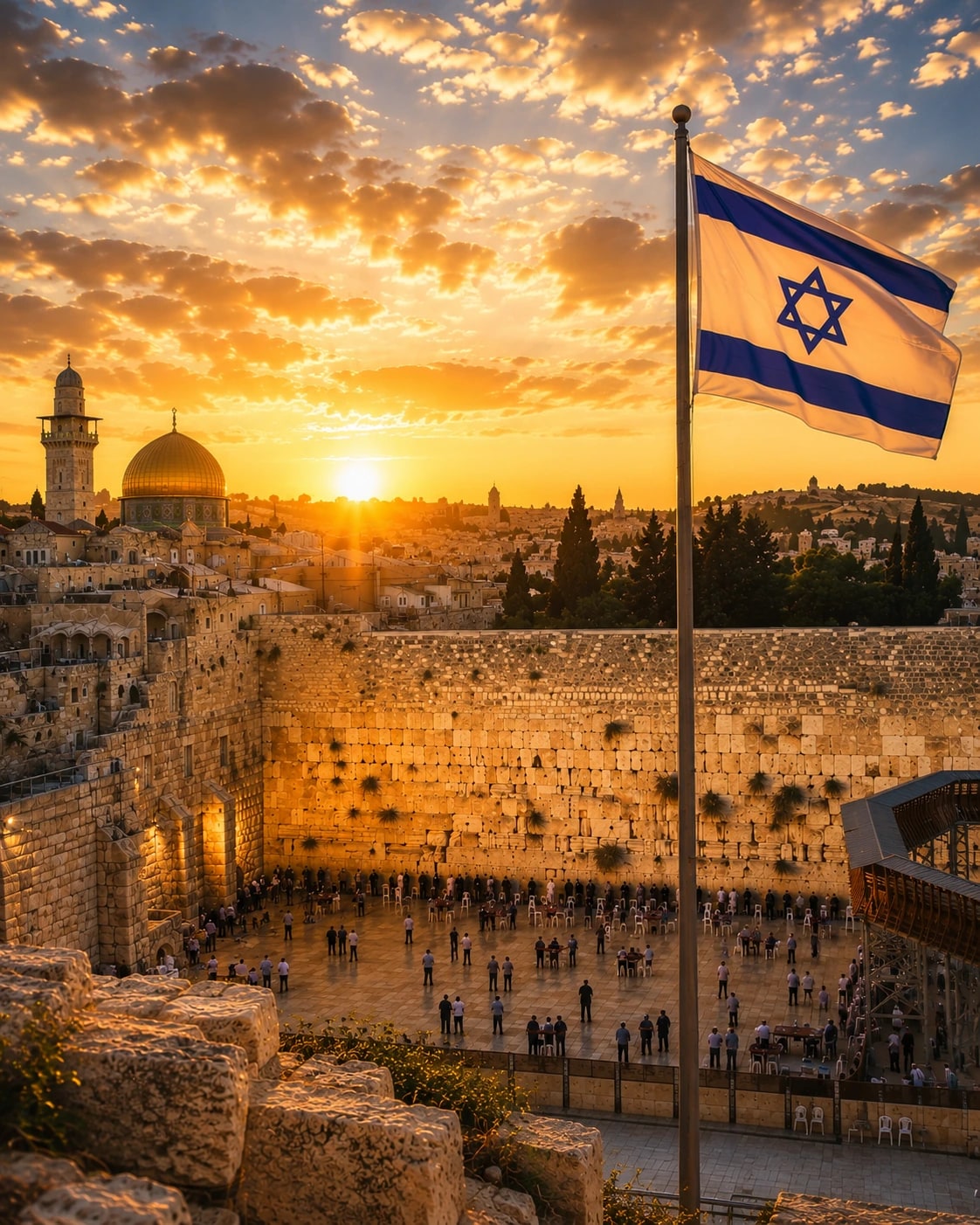 Sunset over the Western Wall plaza and the Dome of the Rock in the Old City of Jerusalem, with the Israeli flag flying above